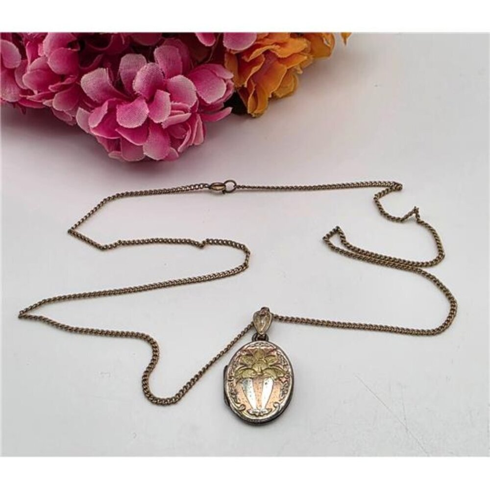 Antique Art Nouveau Sterling Silver Locket Tri-Color Floral 21" Necklace